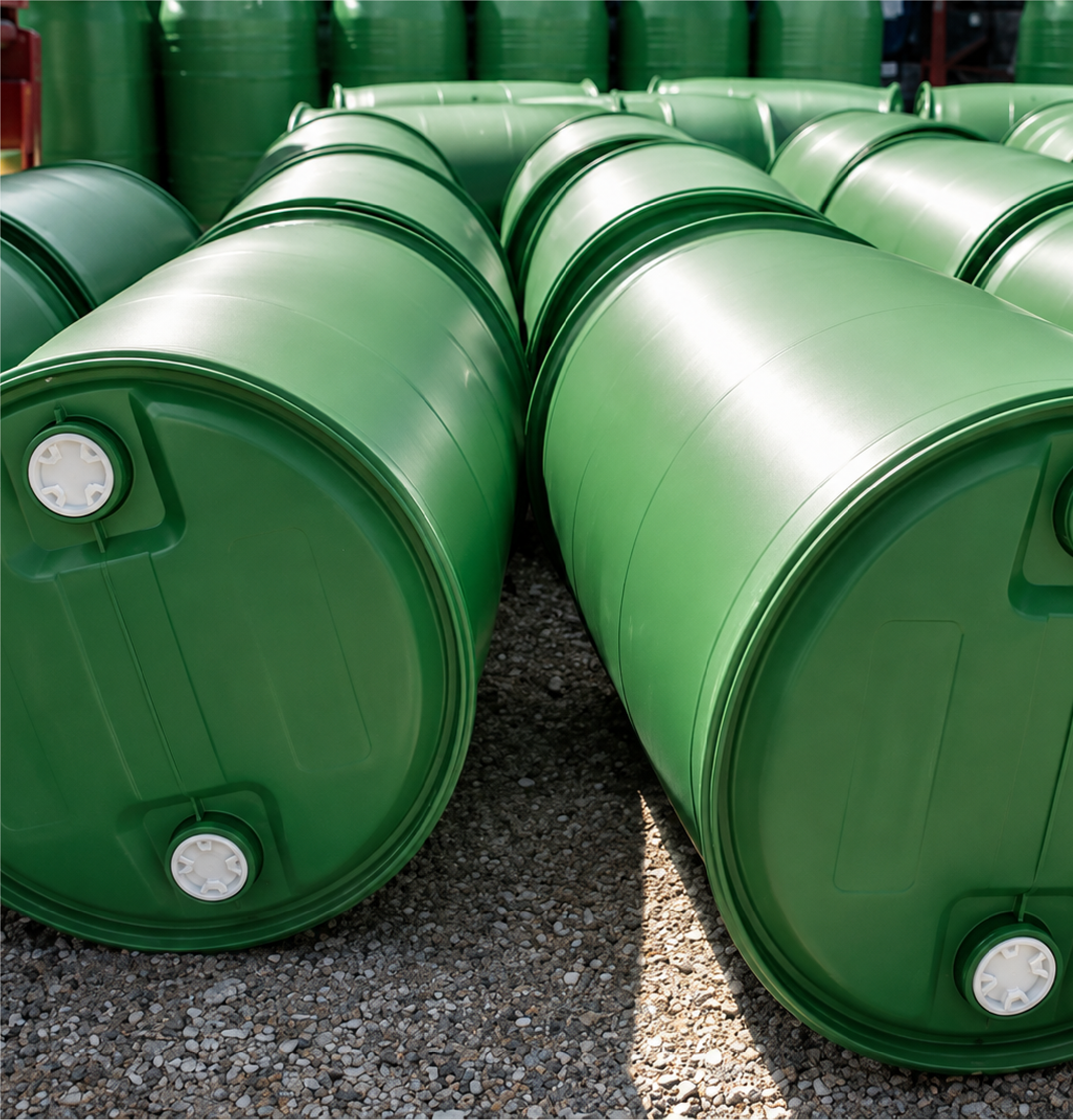 Industrial drums staged for solvent supply